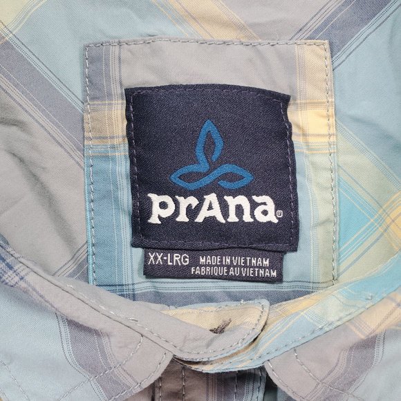 Prana Shirt Men 2XL Blue Plaid Nylon Short Sleeve Button Up Outdoor Gorpcore - Picture 2 of 14